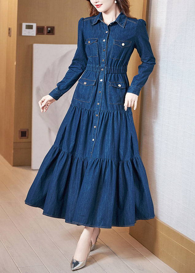 Denim Blue Peter Pan Collar Patchwork Wrinkled Tunic Button Cotton Maxi Dresses Long Sleeve