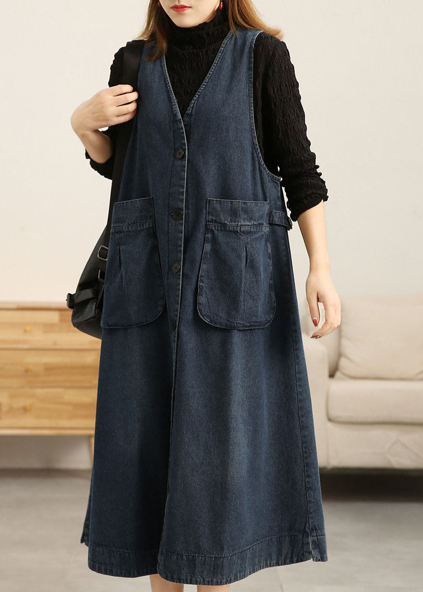 Denim Blue V Neck Patchwork Pockets Cotton a Line Dress Sleeveless