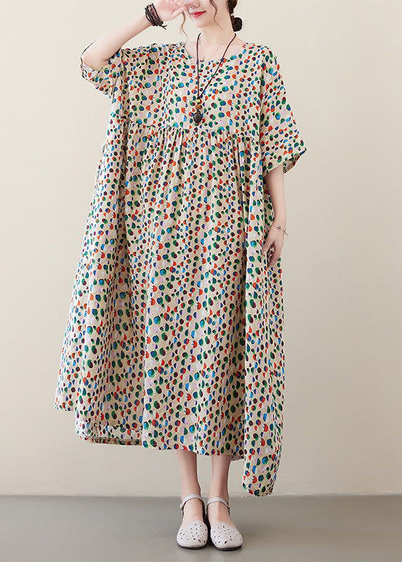 Dot Print Patchwork Cotton Vacation Long Dresses Short Sleeve