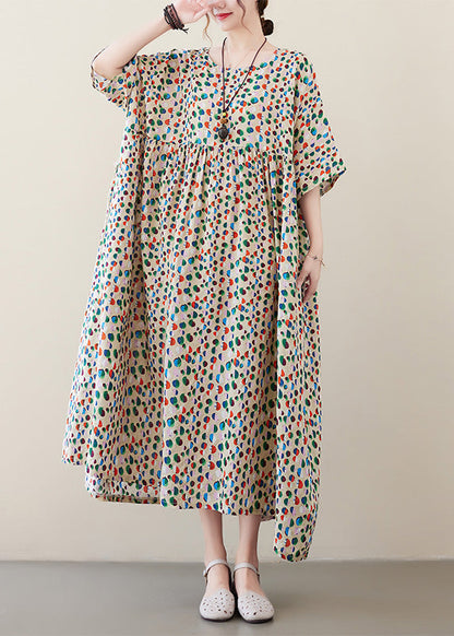 Dot Print Patchwork Cotton Vacation Long Dresses Short Sleeve