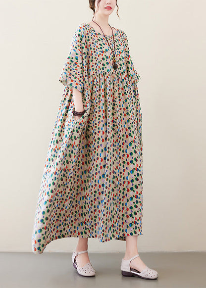 Dot Print Patchwork Cotton Vacation Long Dresses Short Sleeve