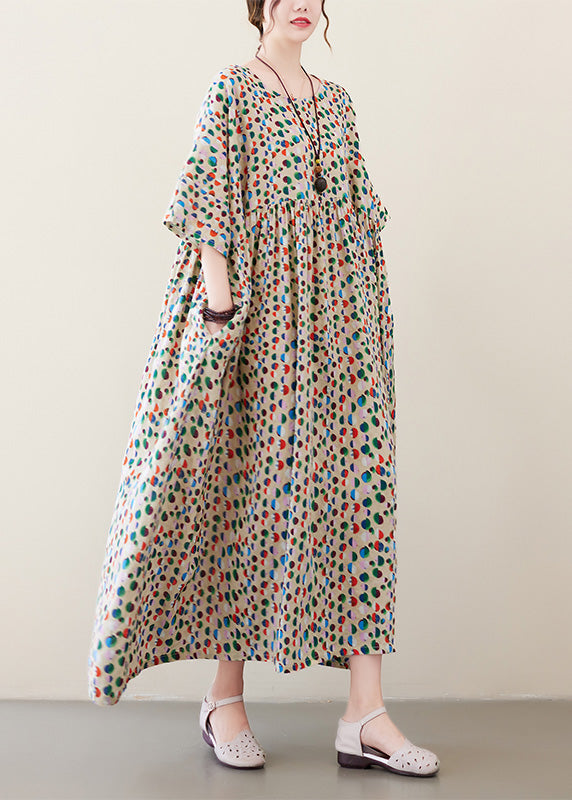 Dot Print Patchwork Cotton Vacation Long Dresses Short Sleeve
