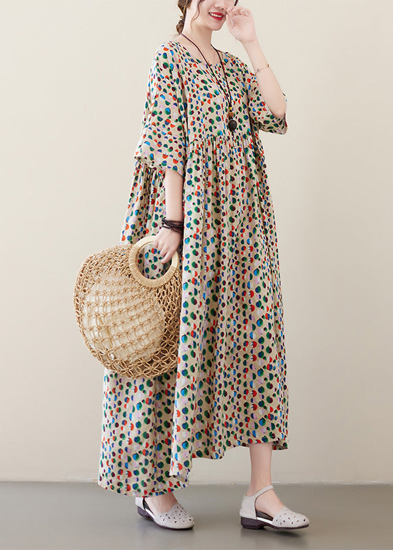 Dot Print Patchwork Cotton Vacation Long Dresses Short Sleeve
