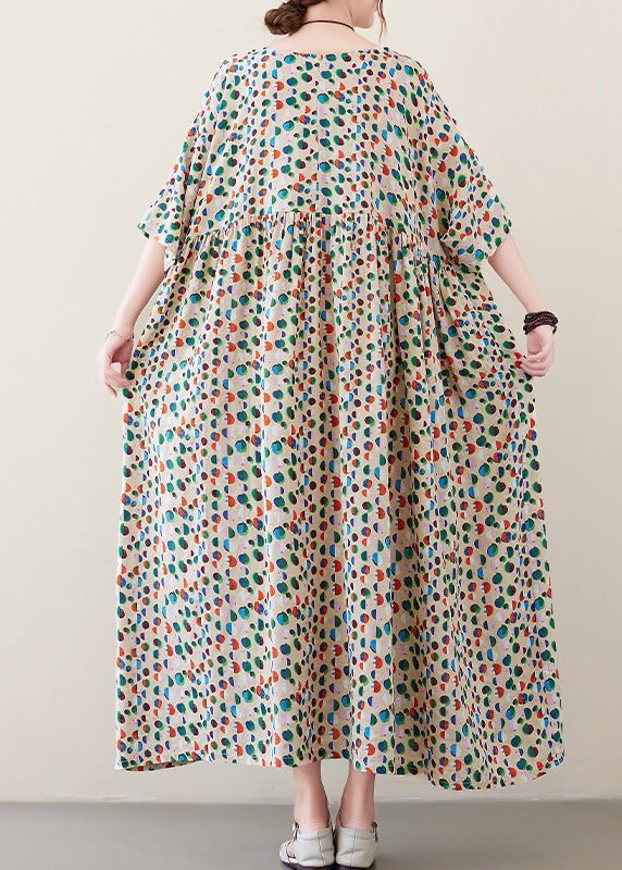 Dot Print Patchwork Cotton Vacation Long Dresses Short Sleeve