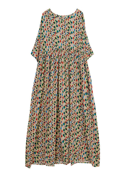 Dot Print Patchwork Cotton Vacation Long Dresses Short Sleeve