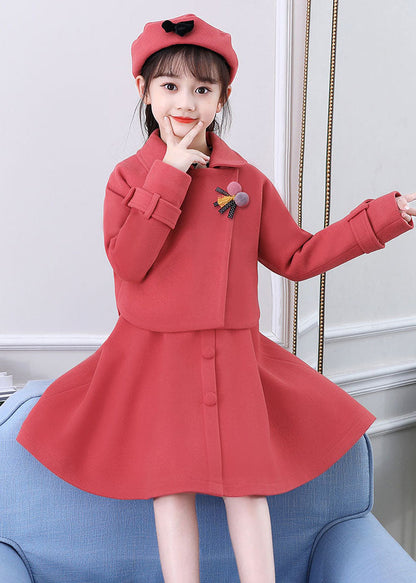 Dousha Red Peter Pan Collar Coats and Dress Cotton Kids Two Pieces Set Long Sleeve