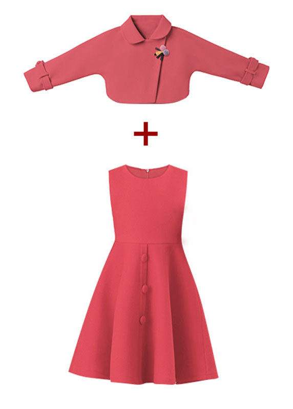 Dousha Red Peter Pan Collar Coats and Dress Cotton Kids Two Pieces Set Long Sleeve