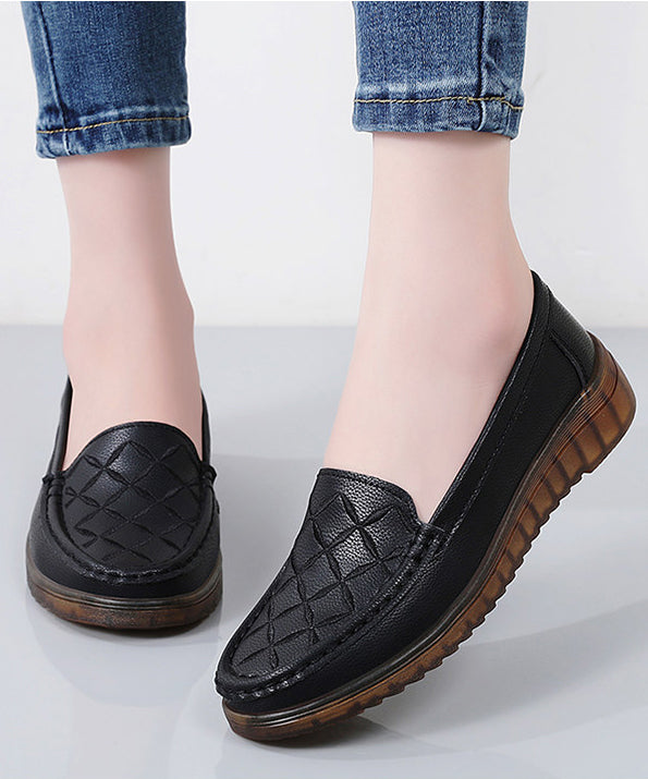 Embroidery Flat Feet Shoes Black Cowhide Leather
