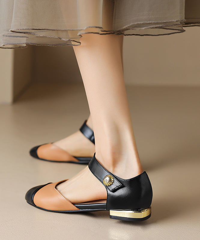 Faux Leather Flat Sandals Beige Splicing Buckle Strap