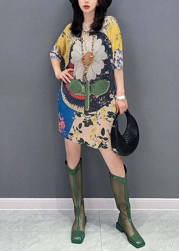 O Neck Print Patchwork Cotton Mid Dress Summer