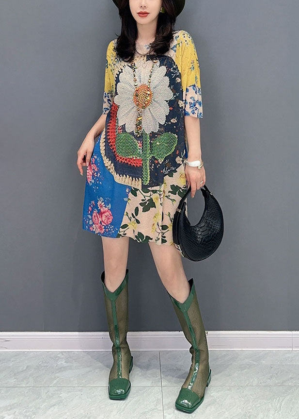 O Neck Print Patchwork Cotton Mid Dress Summer