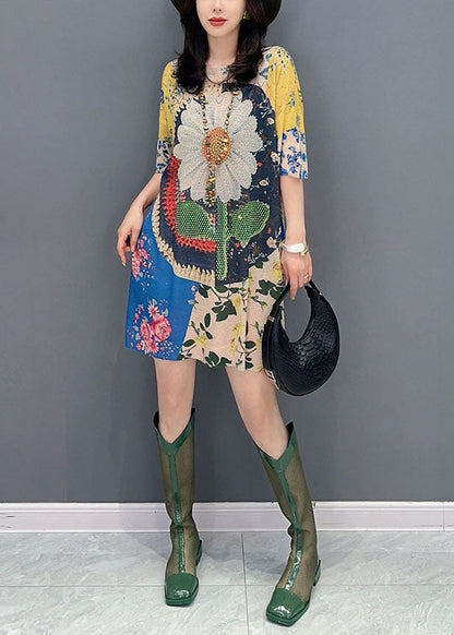 O Neck Print Patchwork Cotton Mid Dress Summer
