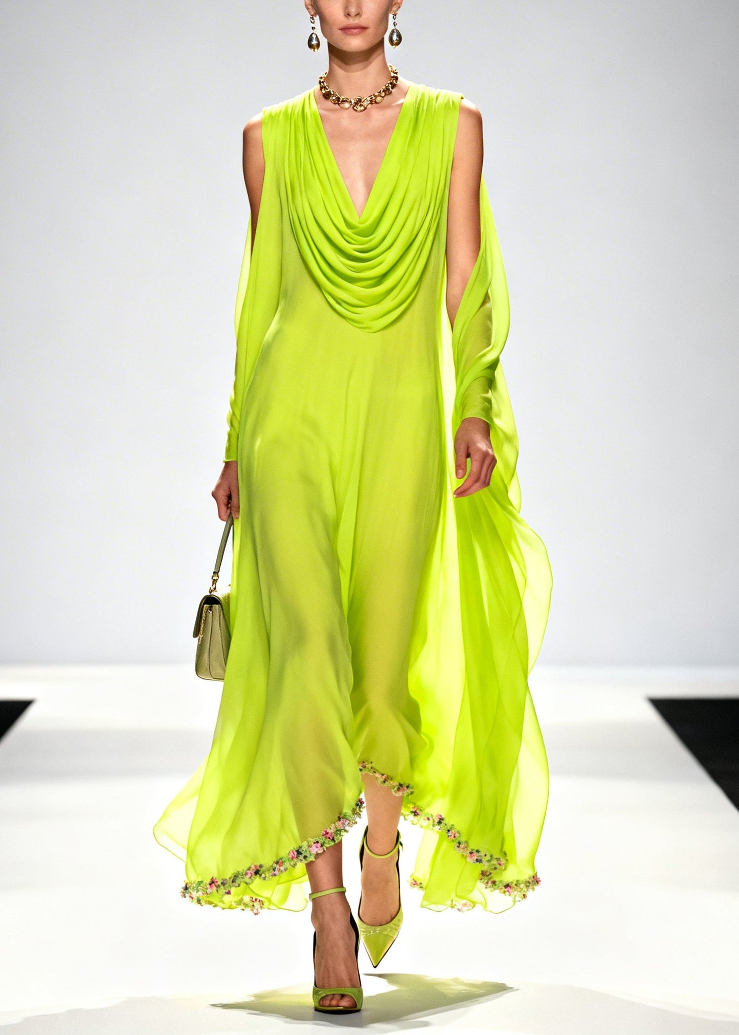 Fluorescent Green Turtle Neck Patchwork Flower Chiffon Holiday Dress Summer