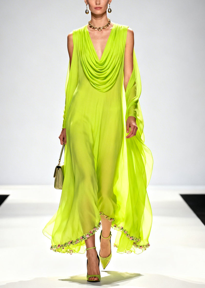 Fluorescent Green Turtle Neck Patchwork Flower Chiffon Holiday Dress Summer