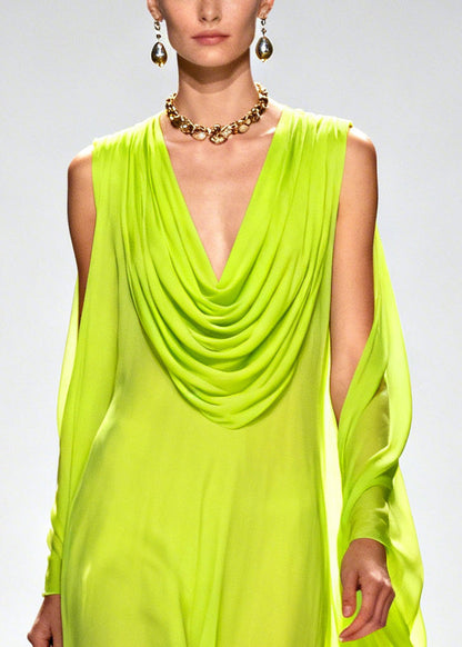 Fluorescent Green Turtle Neck Patchwork Flower Chiffon Holiday Dress Summer