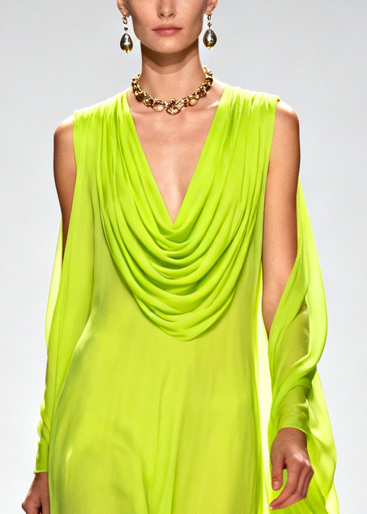 Fluorescent Green Turtle Neck Patchwork Flower Chiffon Holiday Dress Summer