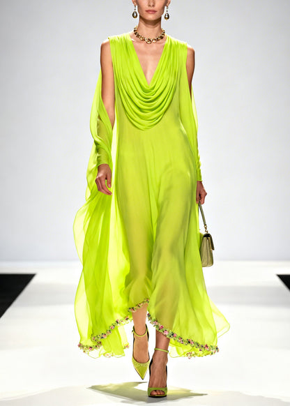 Fluorescent Green Turtle Neck Patchwork Flower Chiffon Holiday Dress Summer