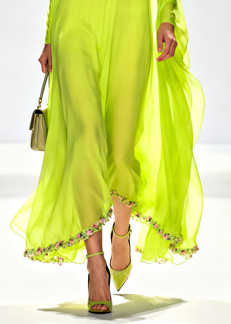 Fluorescent Green Turtle Neck Patchwork Flower Chiffon Holiday Dress Summer