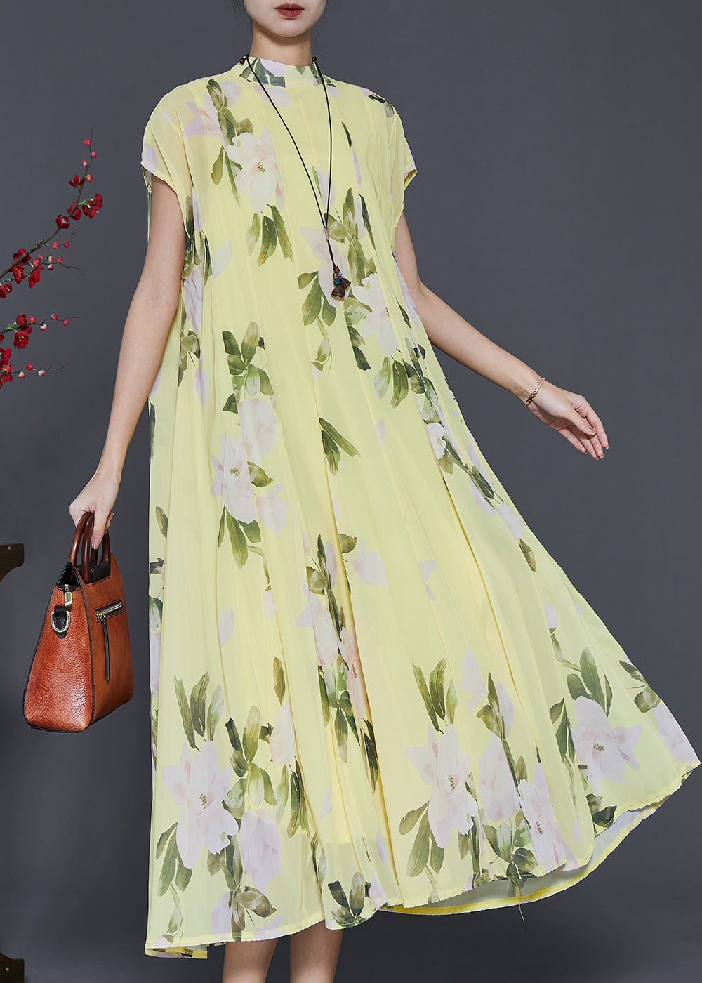Grass Green Print Chiffon Long Dress Summer