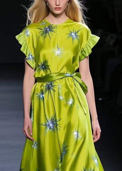 Grass Green Twinkling Star Print Silk Tunic Dress Summer