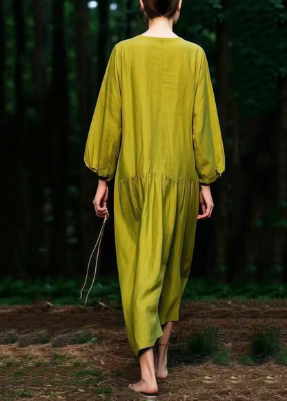 Grass Green V Neck Cotton Ankle Dress Spring