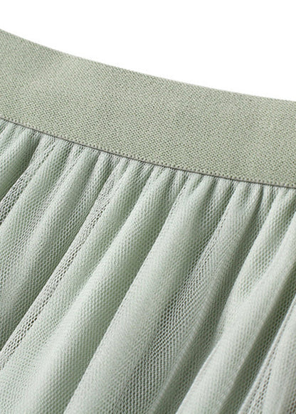 Green Asymmetrical Elastic Waist Tulle Pleated Skirt Summer