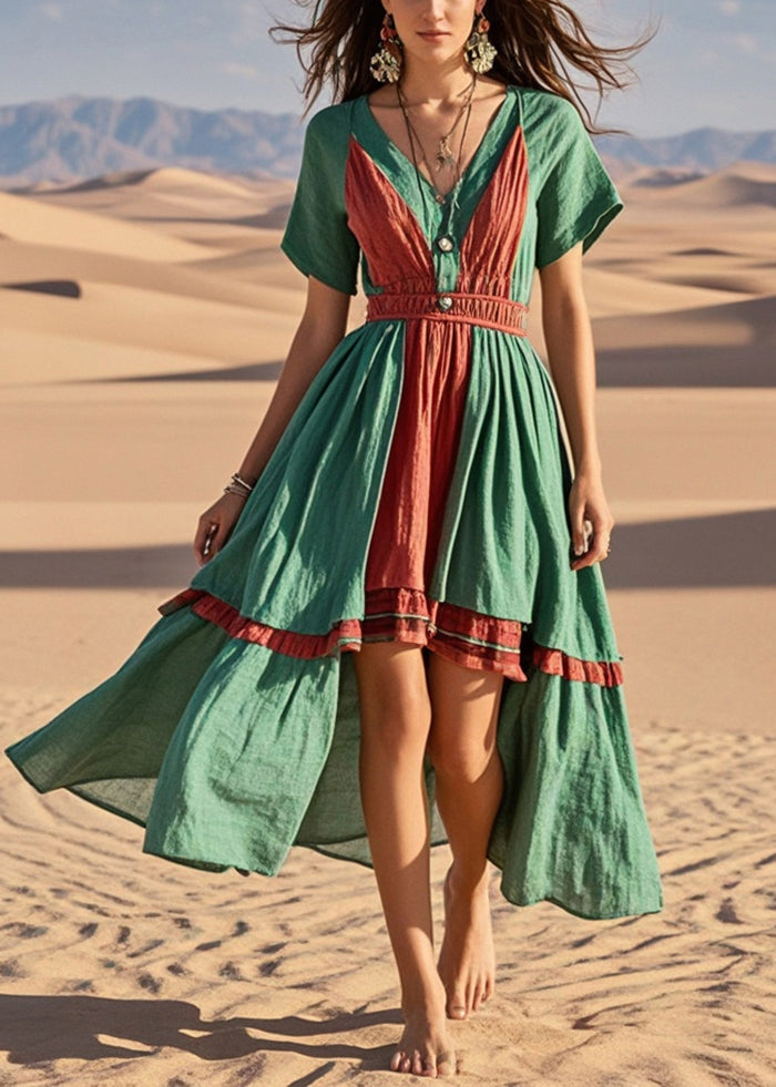 Green Asymmetrical Patchwork Cotton Vacation Dresses Summer