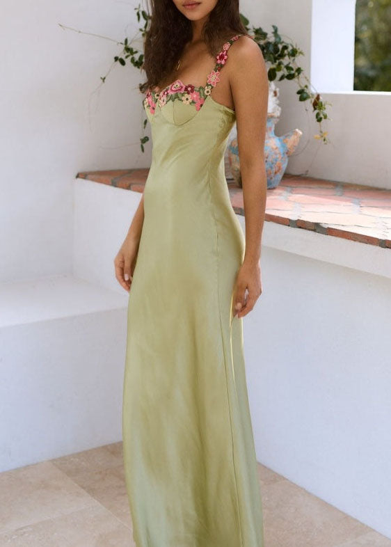 Green Backless Silk Spaghetti Strap Dress Summer
