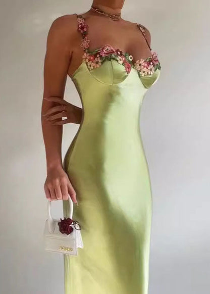 Green Backless Silk Spaghetti Strap Dress Summer