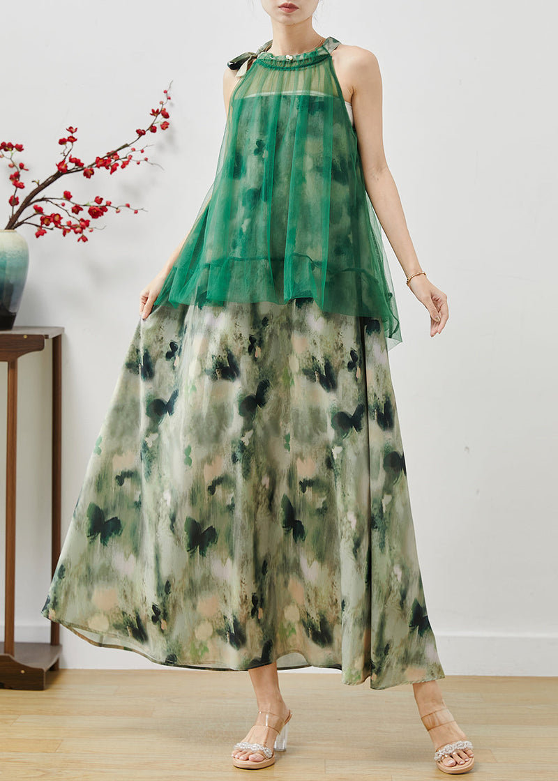 Green Cold Shoulder Tie Dye Chiffon Dresses Summer