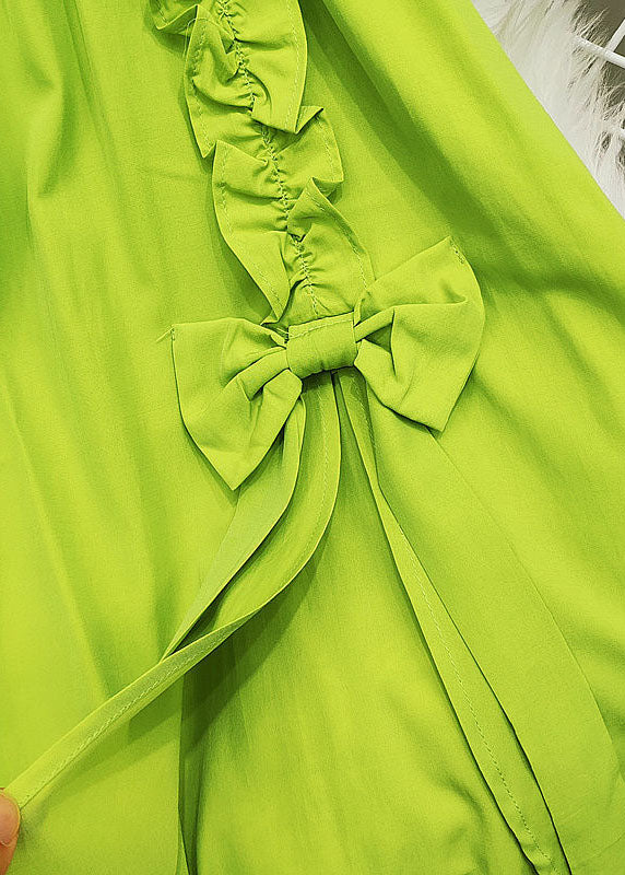 Green Elastic Waist Bow Ruffles Side Open Cotton Skirt Summer