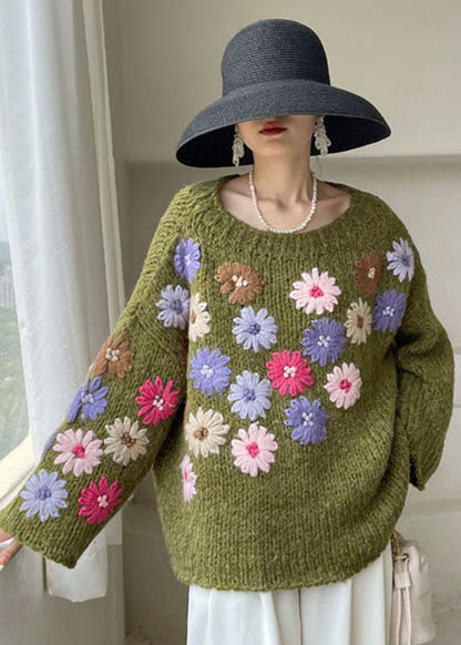 Green Embroideried Knit Sweaters Winter
