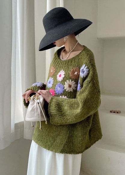 Green Embroideried Knit Sweaters Winter