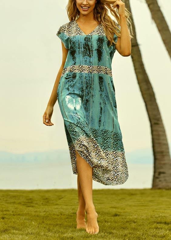Green Leopard V Neck Side Open Kimono Robe Maxi Dresses