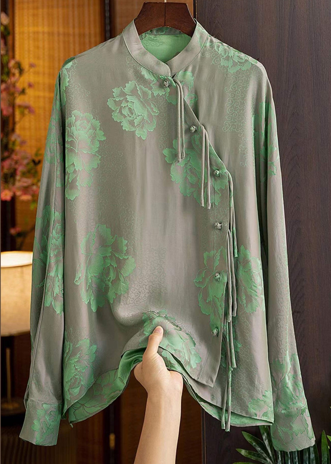 Green Mandarin Collar Button Print Silk Shirt Top Spring