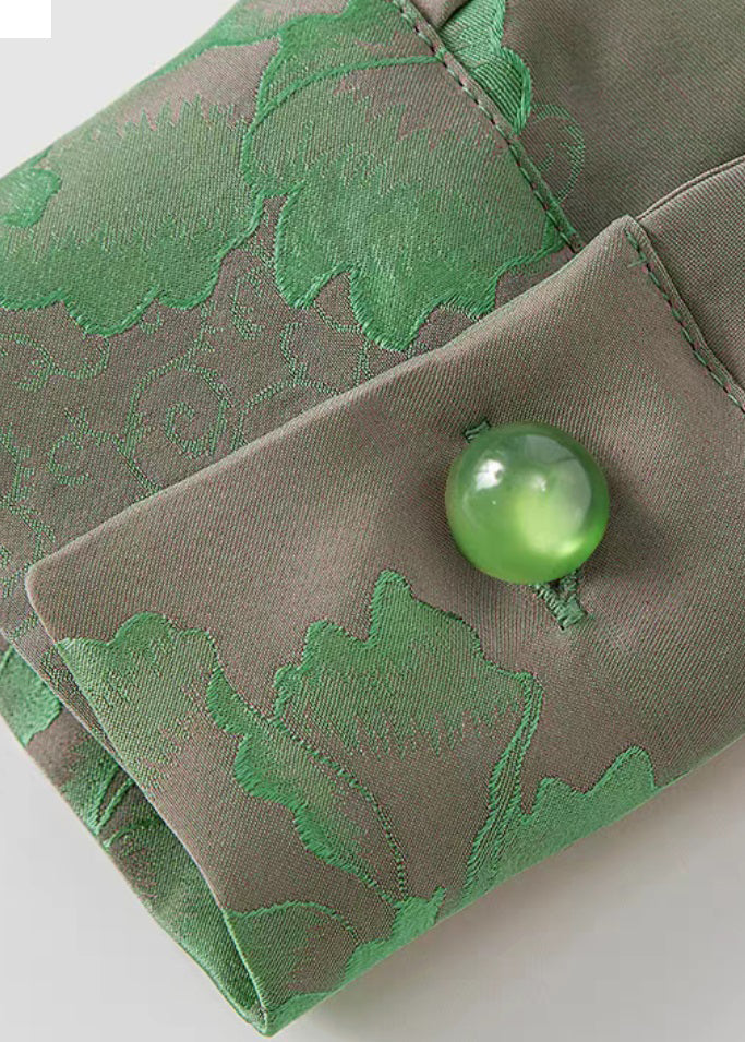 Green Mandarin Collar Button Print Silk Shirt Top Spring