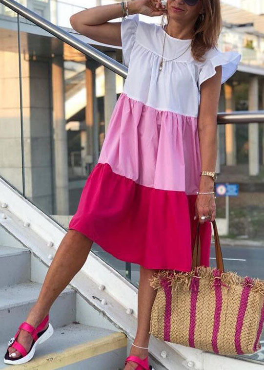 Green O-neck Layered Patchwork Beach Dress Short Sleeve