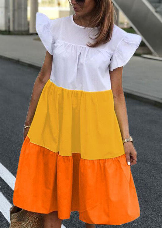 Green O-neck Layered Patchwork Beach Dress Short Sleeve
