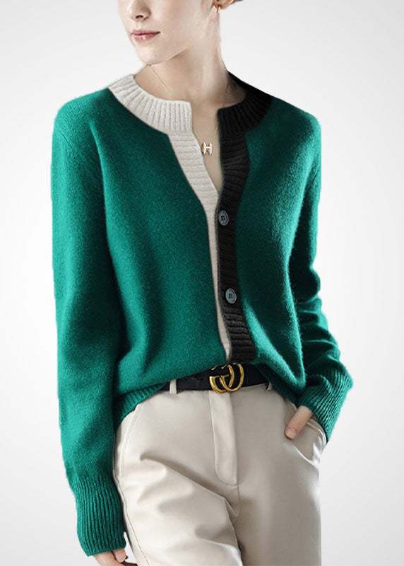 Green O-neck Patchwork Button Wool Knit Cardigans Winter