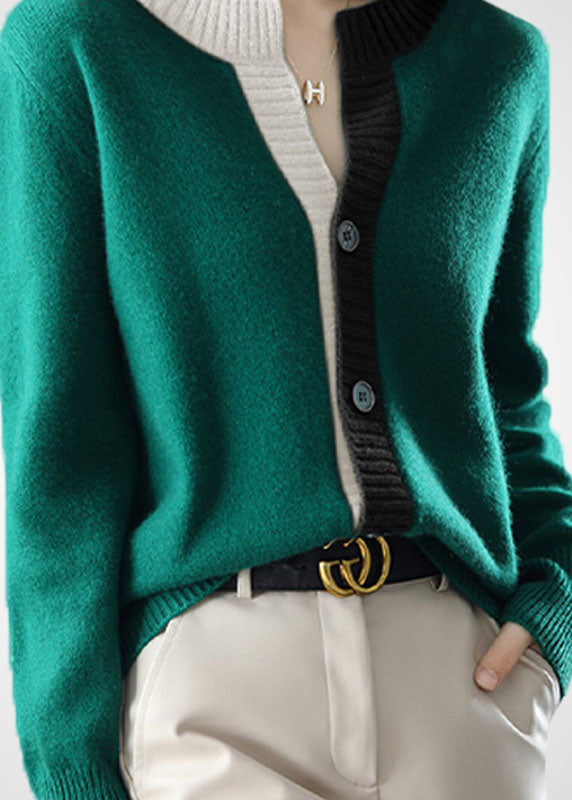 Green O-neck Patchwork Button Wool Knit Cardigans Winter