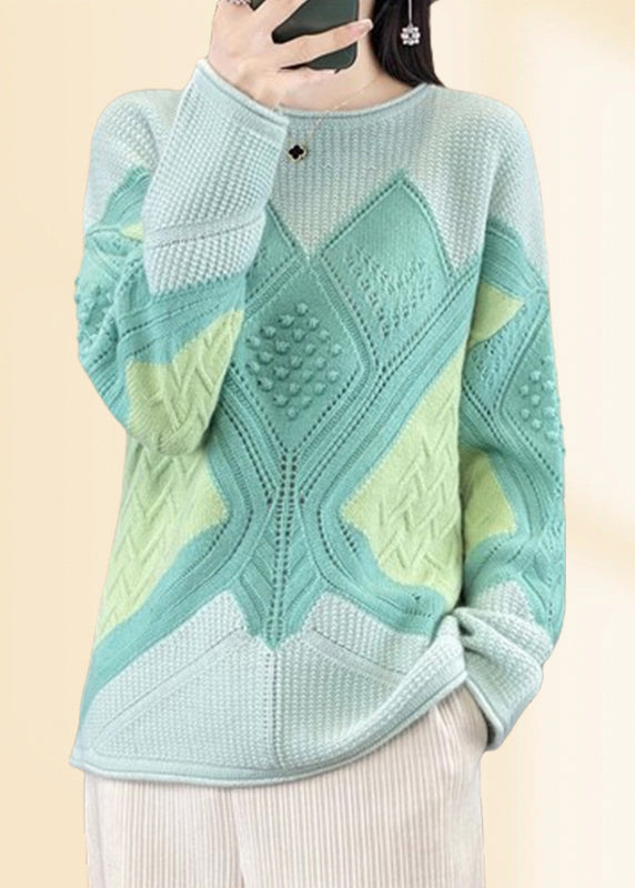 Green O-neck Plaid Cotton Knit Sweaters Fall