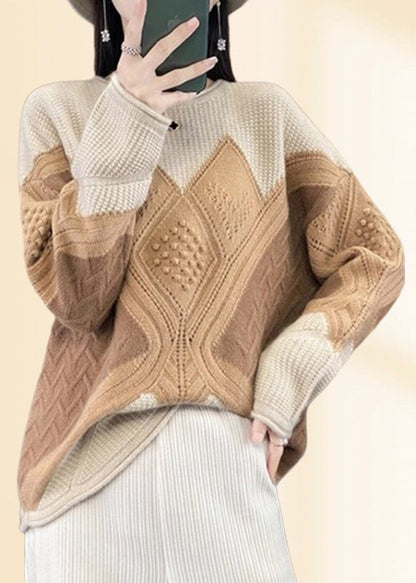 Green O-neck Plaid Cotton Knit Sweaters Fall