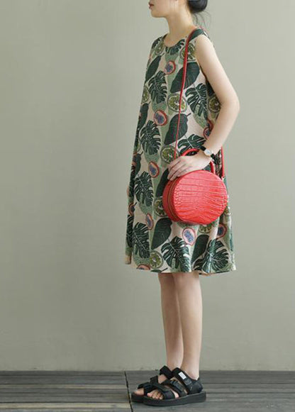 Green O-neck Print Bow Cotton a Line Dress Sleeveless