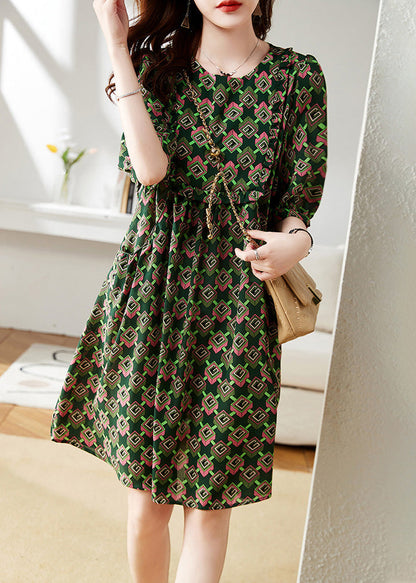 Green O-neck Print Chiffon Maxi Dress Summer