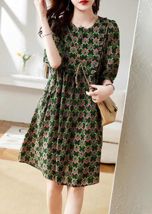 Green O-neck Print Chiffon Maxi Dress Summer