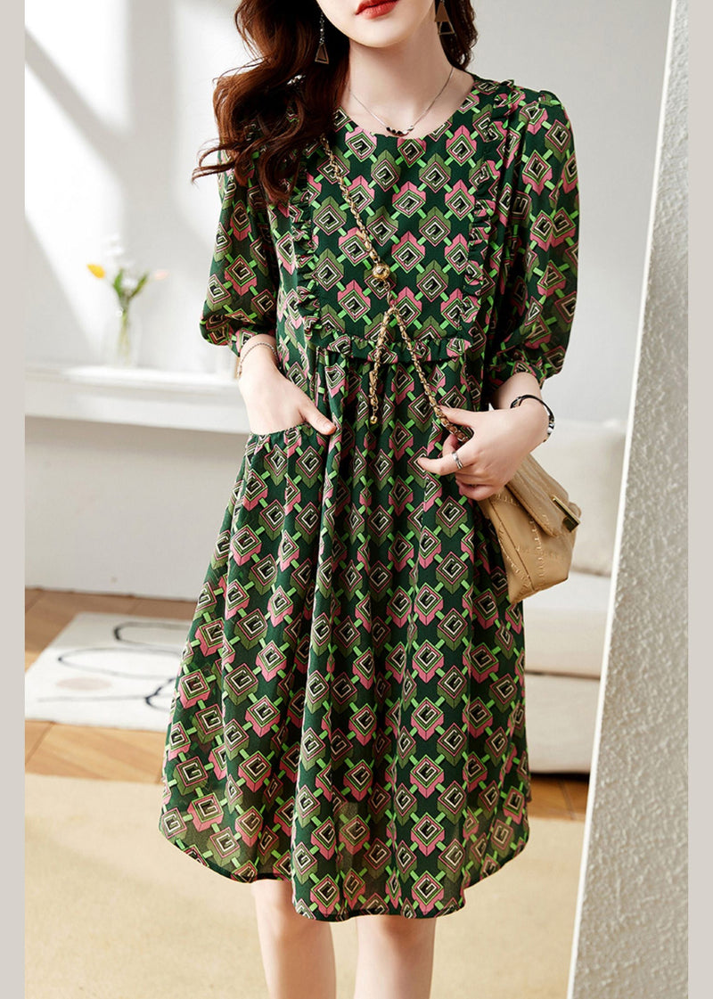 Green O-neck Print Chiffon Maxi Dress Summer