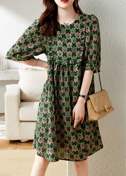 Green O-neck Print Chiffon Maxi Dress Summer