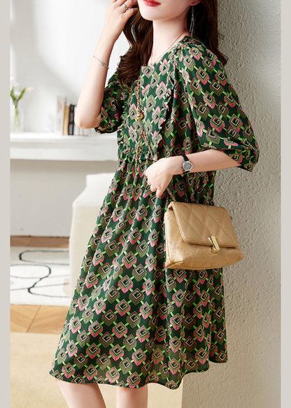 Green O-neck Print Chiffon Maxi Dress Summer