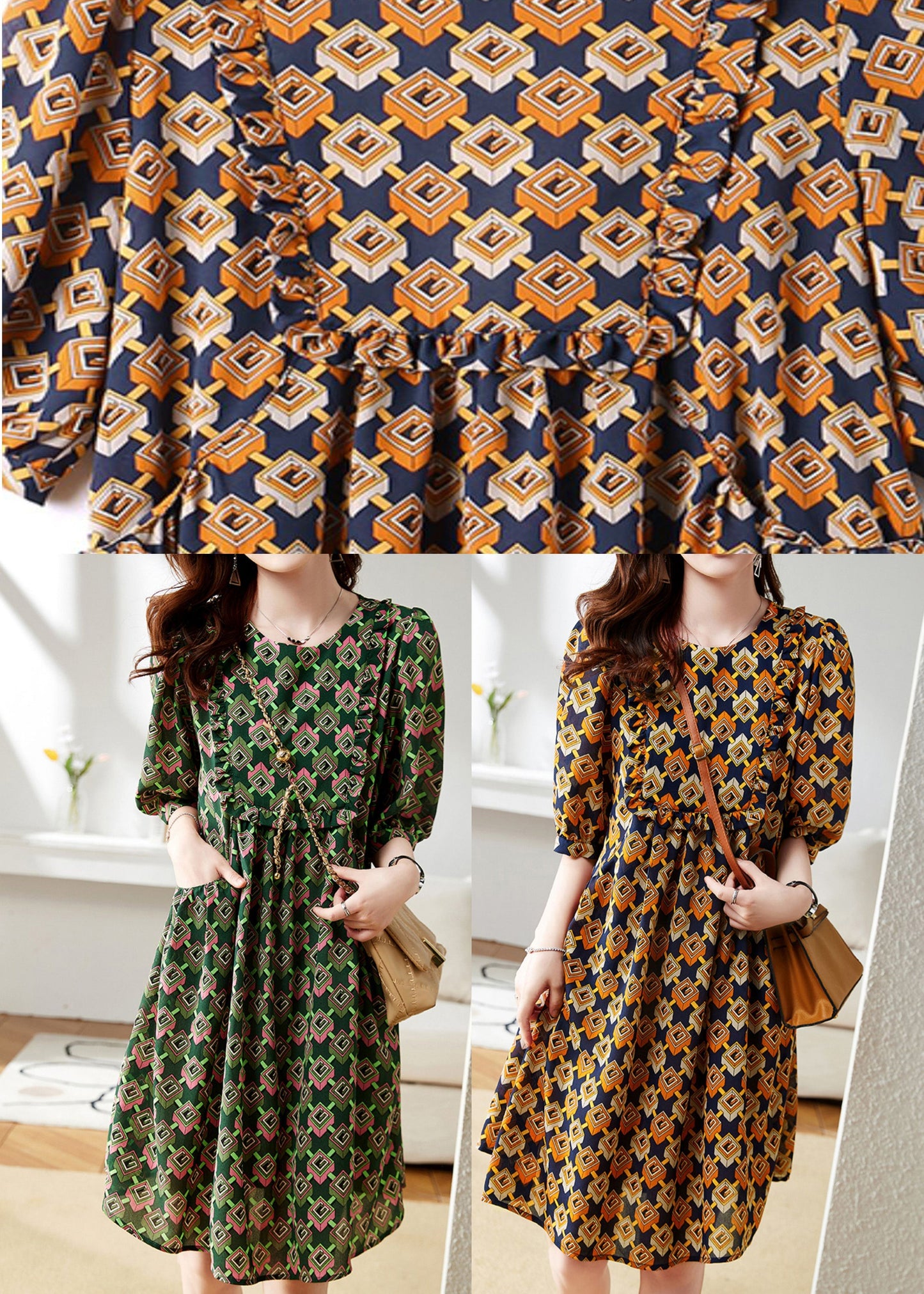Green O-neck Print Chiffon Maxi Dress Summer