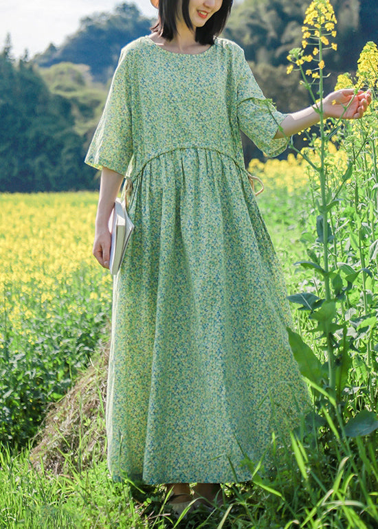 Green O Neck Print Lace Up Cotton Dresses Half Sleeve
